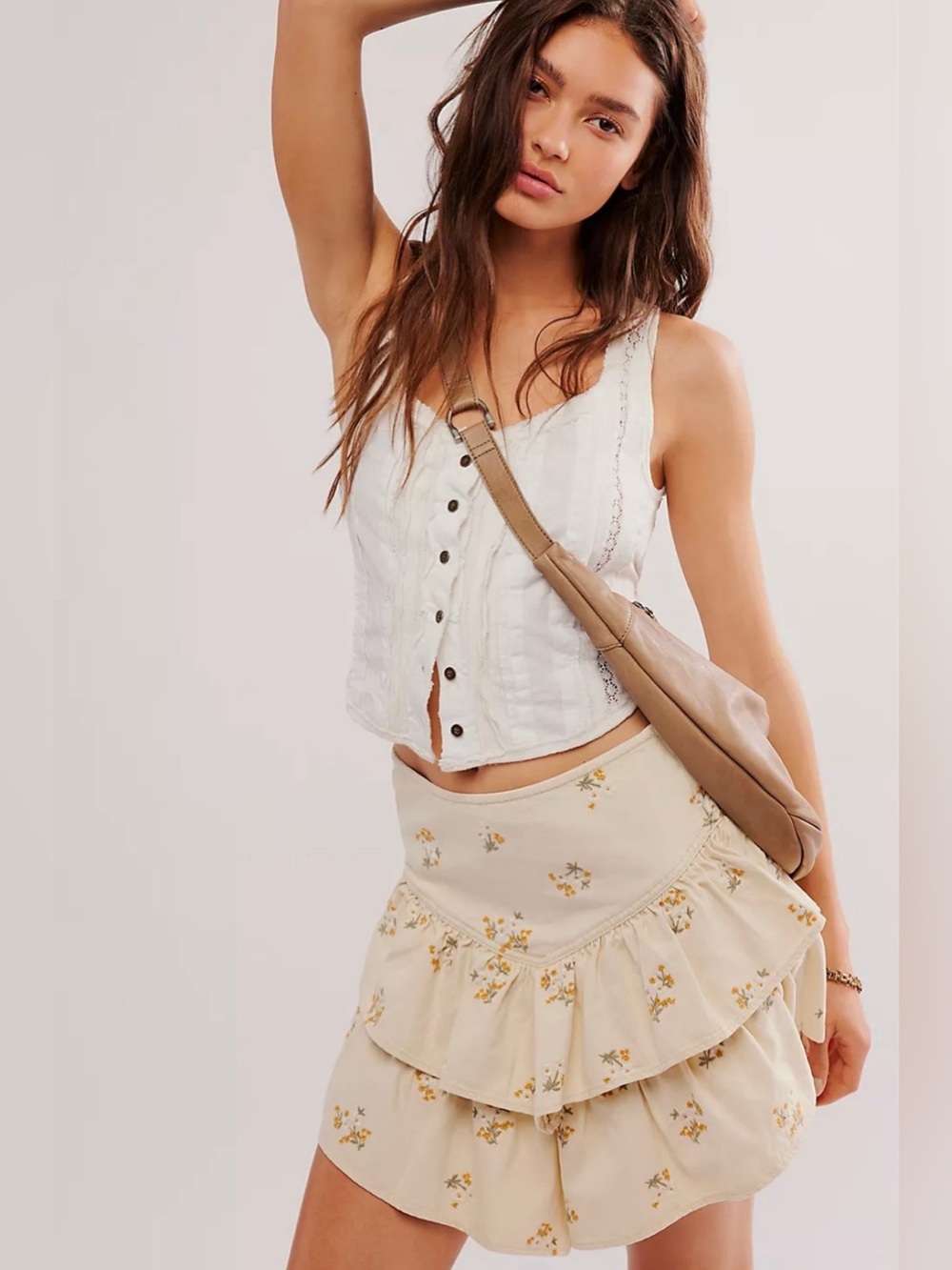 Free People DRIFTWOOD Boho Embroidered Floral Ruffle Tiered Skirt Cream Sz Small